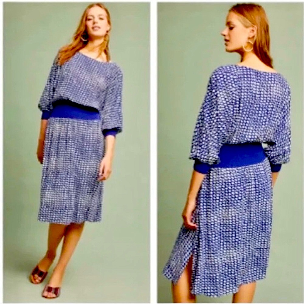Maeve / Anthropology Blue and White Patterned Long Sleeve Dress (S) Like New